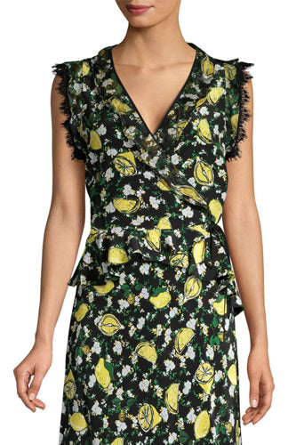 [お取り寄せ]ダイアンフォンファステンバーグDIANE von FURSTENBERGシルク花柄ぺプラムラップブラウスPeona/Lemons Collage Black