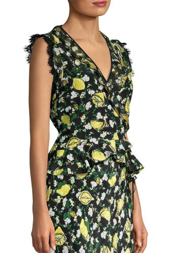 [お取り寄せ]ダイアンフォンファステンバーグDIANE von FURSTENBERGシルク花柄ぺプラムラップブラウスPeona/Lemons Collage Black
