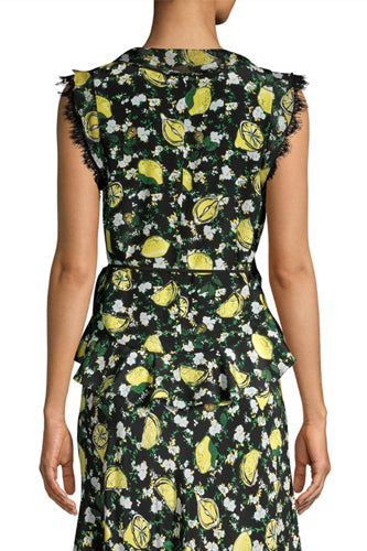 [お取り寄せ]ダイアンフォンファステンバーグDIANE von FURSTENBERGシルク花柄ぺプラムラップブラウスPeona/Lemons Collage Black