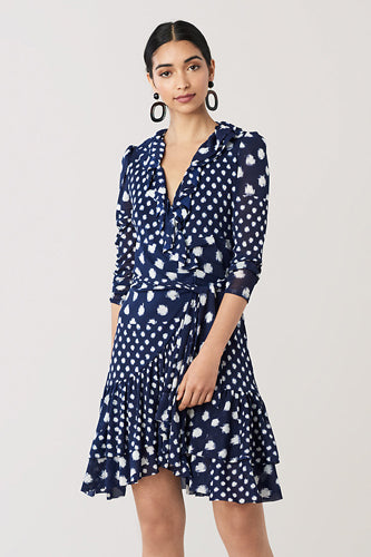 [お取り寄せ]ダイアンフォンファステンバーグDIANE von FURSTENBERGナイロンメッシュラップドレス（ワンピース）Paloma Ruffle Mesh/Batik Dot New Navy