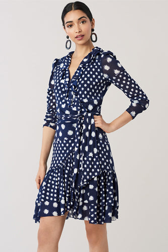 [お取り寄せ]ダイアンフォンファステンバーグDIANE von FURSTENBERGナイロンメッシュラップドレス（ワンピース）Paloma Ruffle Mesh/Batik Dot New Navy