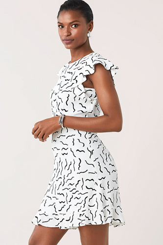 [お取り寄せ]ダイアンフォンファステンバーグDIANE von FURSTENBERGラッフルスリーブミニ丈ドレス（ワンピース）Krona/Abstract Lines White