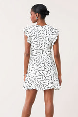 [お取り寄せ]ダイアンフォンファステンバーグDIANE von FURSTENBERGラッフルスリーブミニ丈ドレス（ワンピース）Krona/Abstract Lines White