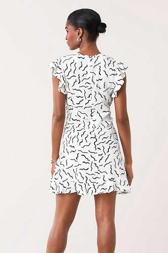 [お取り寄せ]ダイアンフォンファステンバーグDIANE von FURSTENBERGラッフルスリーブミニ丈ドレス（ワンピース）Krona/Abstract Lines White