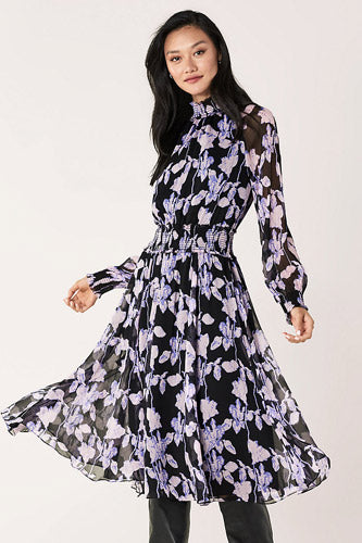 [お取り寄せ]ダイアンフォンファステンバーグDIANE von FURSTENBERGシルククレープミディ丈ドレス（ワンピース）Athena/Midnight Forest Black