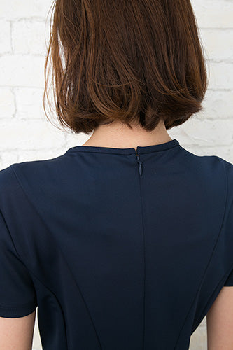 [再入荷]ノラガードナーNora Gardnerラウンドネック半袖マットジャージーワンピース（ドレス）Nina/ネイビー（紺）