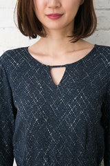 ノラガードナーNora Gardner長袖シースプリントワンピース（ドレス）Zahara/ネイビー（紺）/オフホワイト
