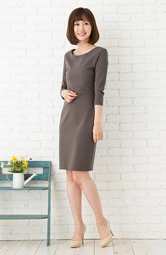 ノラガードナーNora Gardnerポンチ素材七分袖無地ワンピース（ドレス）スレート